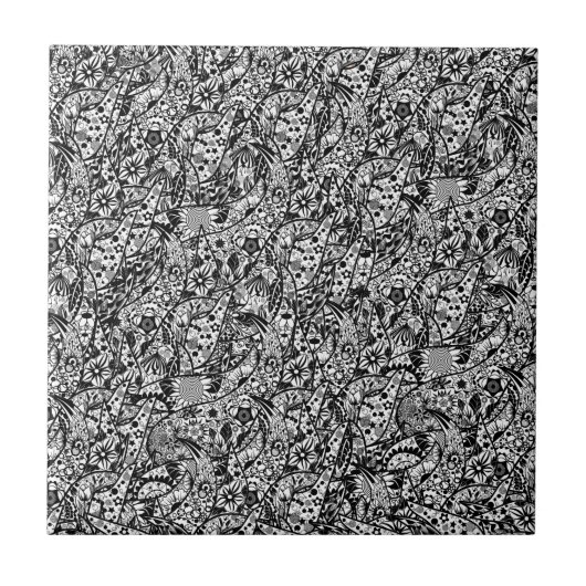 Keramik Tile Blume Abstrakt Schwarz und Weiß Fliese (Vorderseite)