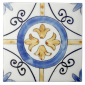 Keramik Tile - Blumendesign Blau und Orange Fliese (Vorderseite)