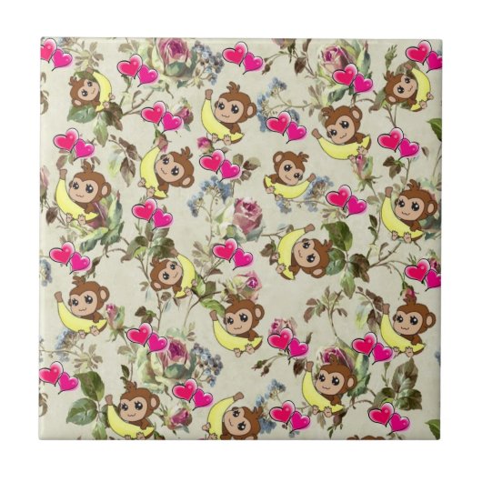 Keramik Tile Brown Monkey Bananen Blumenstrauß Fliese (Vorderseite)