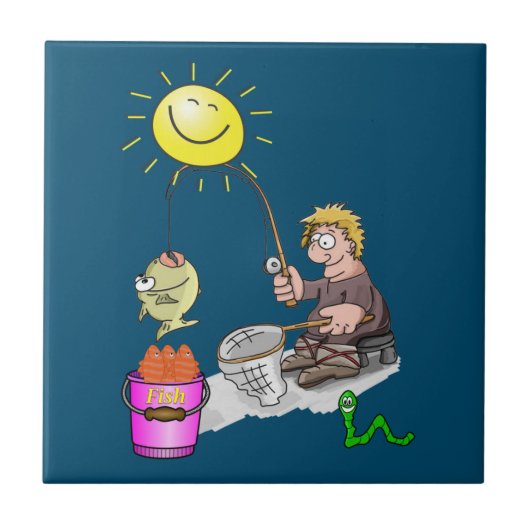 Keramik Tile Fisherman, Fisch, Sonne, Blau Fliese (Vorderseite)