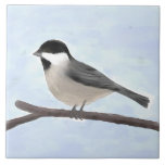 Keramik Tile Fliese<br><div class="desc">Keramik-Kachel mit meiner originalen digitalen Aquarellbild einer schwarz gekappten Chickadee,  die auf einem weitläufigen Zweig gegen einen blass blauen Himmel steht.</div>