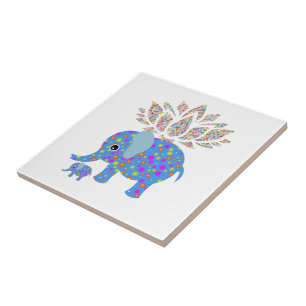 Keramik Tile Floral Blue Elephant Fliese