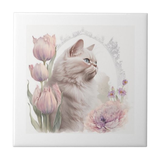 Keramik Tile Floral Kitten White Fliese (Vorderseite)
