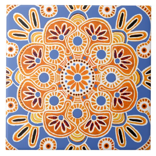 Keramik Tile geometrisch blau und orange Fliese (Vorderseite)