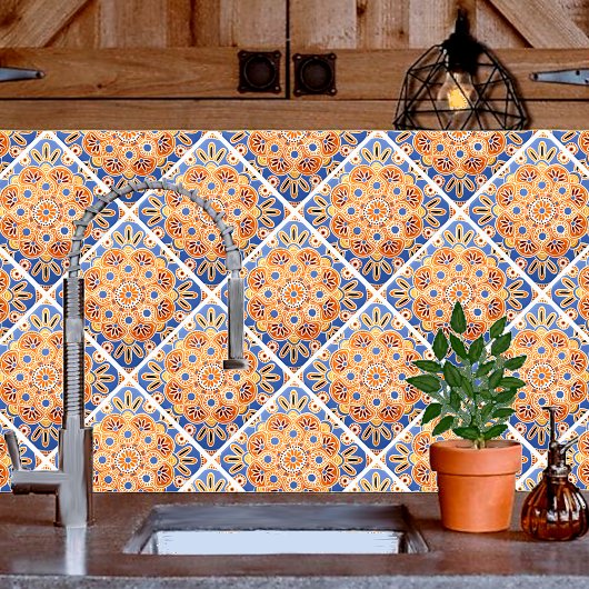Keramik Tile geometrisch blau und orange Fliese
