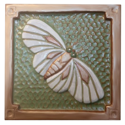 Keramik Tile Handwerker Moth, grün und kupfer Fliese (Vorderseite)