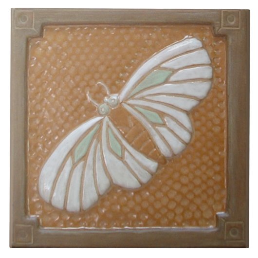 Keramik Tile Handwerkermoth, in weiß & ocher Fliese (Vorderseite)