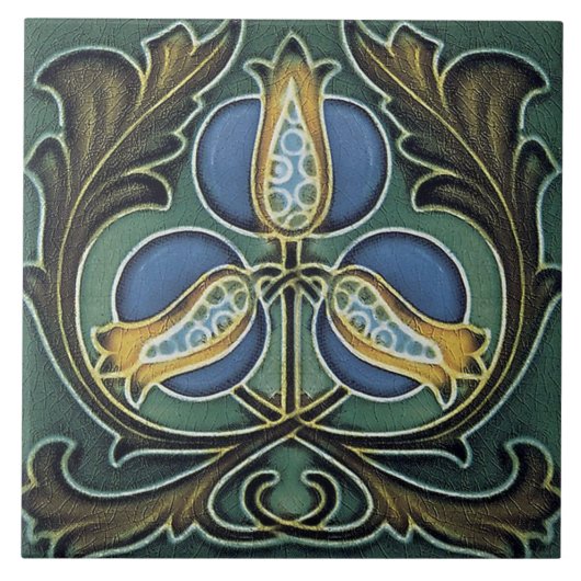 Keramik Tile - Jugendstil-Blume Blau Gelb Fliese (Vorderseite)