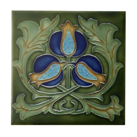 Keramik Tile - Jugendstil-Blume Blau Grün Fliese (Vorderseite)