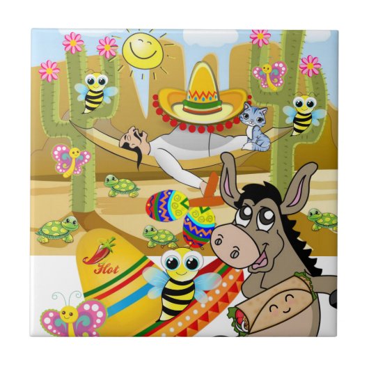 Keramik Tile Mexican Donkey Sun Butterfly Fliese (Vorderseite)
