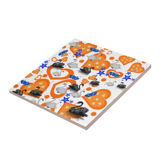 Keramik Tile, Orange Hearts Swan Blue Stars Fliese (Seite)