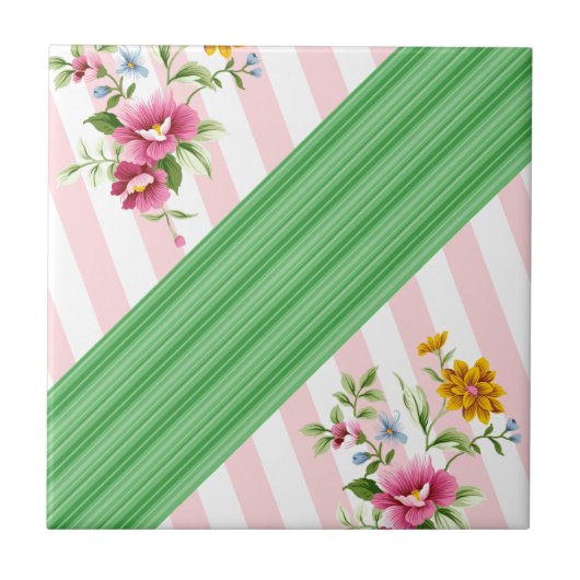 Keramik Tile Pink Strip Floral Fliese (Vorderseite)