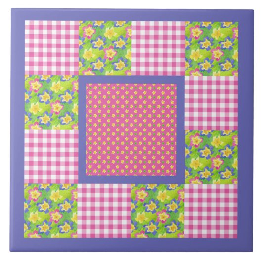 Keramik Tile: Rosa: Primrosen, Polka Dots, Gingham Fliese (Vorderseite)