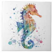 Keramik Tile - Seepferd Blau Orange Aquarellfarben Fliese (Vorderseite)