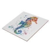 Keramik Tile - Seepferd Blau Orange Aquarellfarben Fliese (Seite)