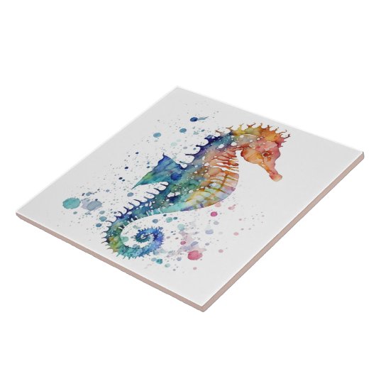 Keramik Tile - Seepferd Blau Orange Aquarellfarben Fliese (Seite)