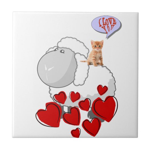 Keramik Tile Sheep Kitten Red Hearts Fliese (Vorderseite)