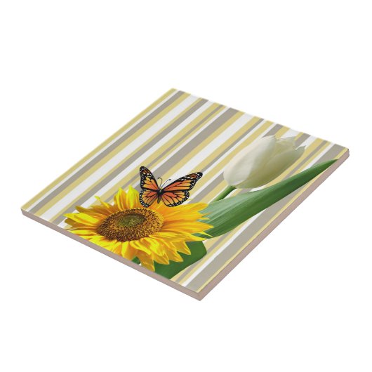 Keramik Tile Streifen Weiße Tulip Butterfly Bläsch Fliese (Seite)