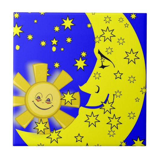 Keramik Tile Sun Moon Yellow Stars Blau Fliese (Vorderseite)