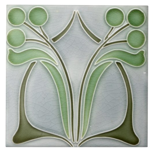 Keramik Tile - Vintages Jugendstil-Grün Grau Fliese (Vorderseite)