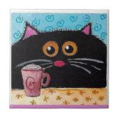 Keramik Tile Whimsical Cat Coffee Cup Fliese (Vorderseite)