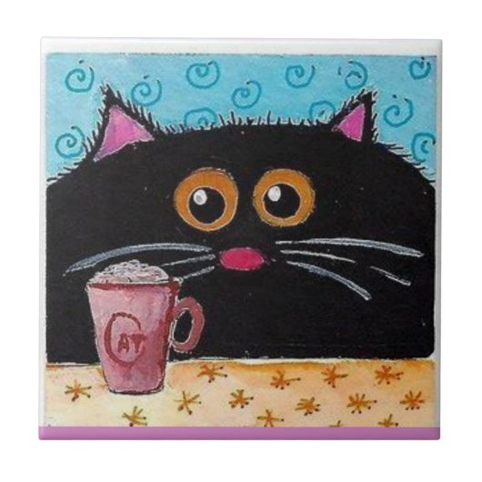 Keramik Tile Whimsical Cat Coffee Cup Fliese (Vorderseite)