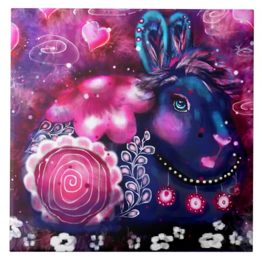 Keramik Tile - Whimsical Rabbit "Glamour Bunny" Fliese (Vorderseite)