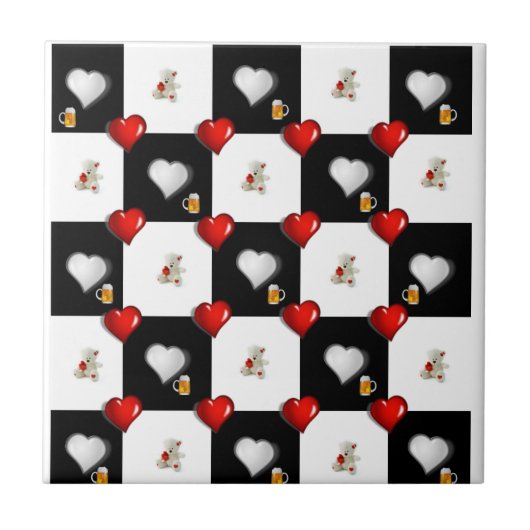 Keramik Tile White Black Checkered Bären Teddy Bär Fliese (Vorderseite)