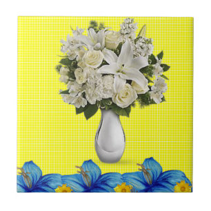 Keramik Tile White Floral Blue Yellow Fliese