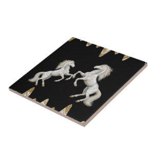 Keramik Tile White Horses Black Gold Fliese