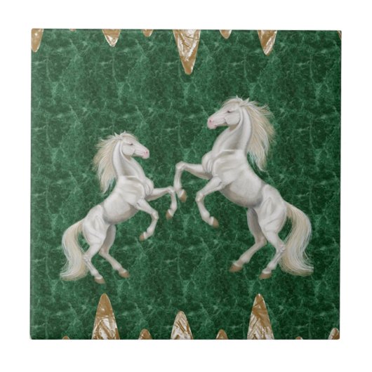 Keramik Tile White Horses Green Gold Fliese (Vorderseite)