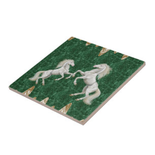 Keramik Tile White Pferde Grünes Gold Fliese