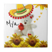 Keramik Tile White Sunflower Teddy Bär Fliese (Vorderseite)