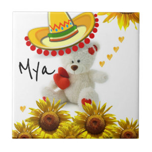 Keramik Tile White Sunflower Teddy Bär Fliese