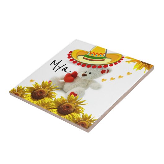 Keramik Tile White Sunflower Teddy Bär Fliese (Seite)