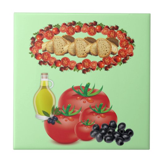 Keramik Tomate, Olivenöl, Oliven, Brot Fliese (Vorderseite)