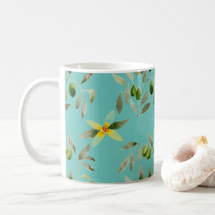 Keramikbecher mit Olivenmuster auf hellblauem Grun Kaffeetasse