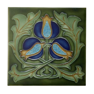 Keramikfliese - Art Nouveau Blumen Blau Grün
