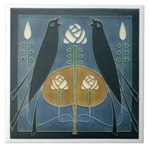 Keramikfliese - Art Nouveau Singvogel Floral Weiß