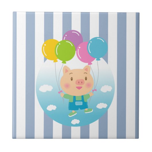 Keramikfliese Blau-Weiß gestreift Schwein Ballons (Vorderseite)
