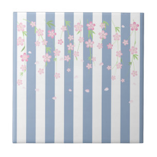 Keramikfliese Blau-Weiß-Streifen Blumen Floral