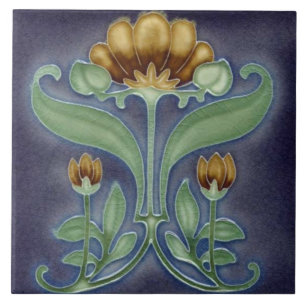 Keramikfliese - Blaue, Grüne und Braune Blumenflie