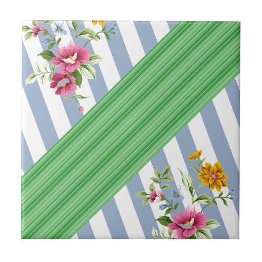 Keramikfliese Blaue Streifen-Blume (Vorderseite)