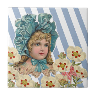 Keramikfliese Blaue Streifen Vintage Blumenmuster