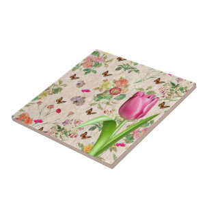 Keramikfliese Blumen Schmetterling Rosa Tulpe