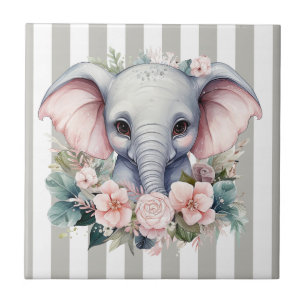 Keramikfliese Grau & Weiß Streifen Elefant Blumenm