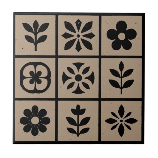 Keramikfliese im Retro-Boho-Blumenmuster | Warm br (Vorderseite)
