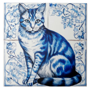 Keramikfliese im Vintage-Stil Blau Delft Katze.