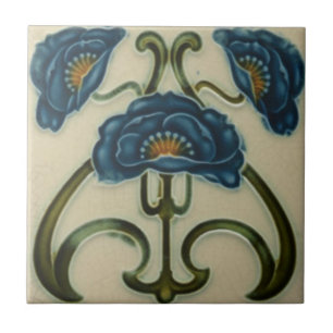 Keramikfliese - Jugendstil drei blaue Mohnblumen