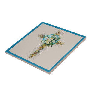 Keramikfliese Kreuz und Blumen